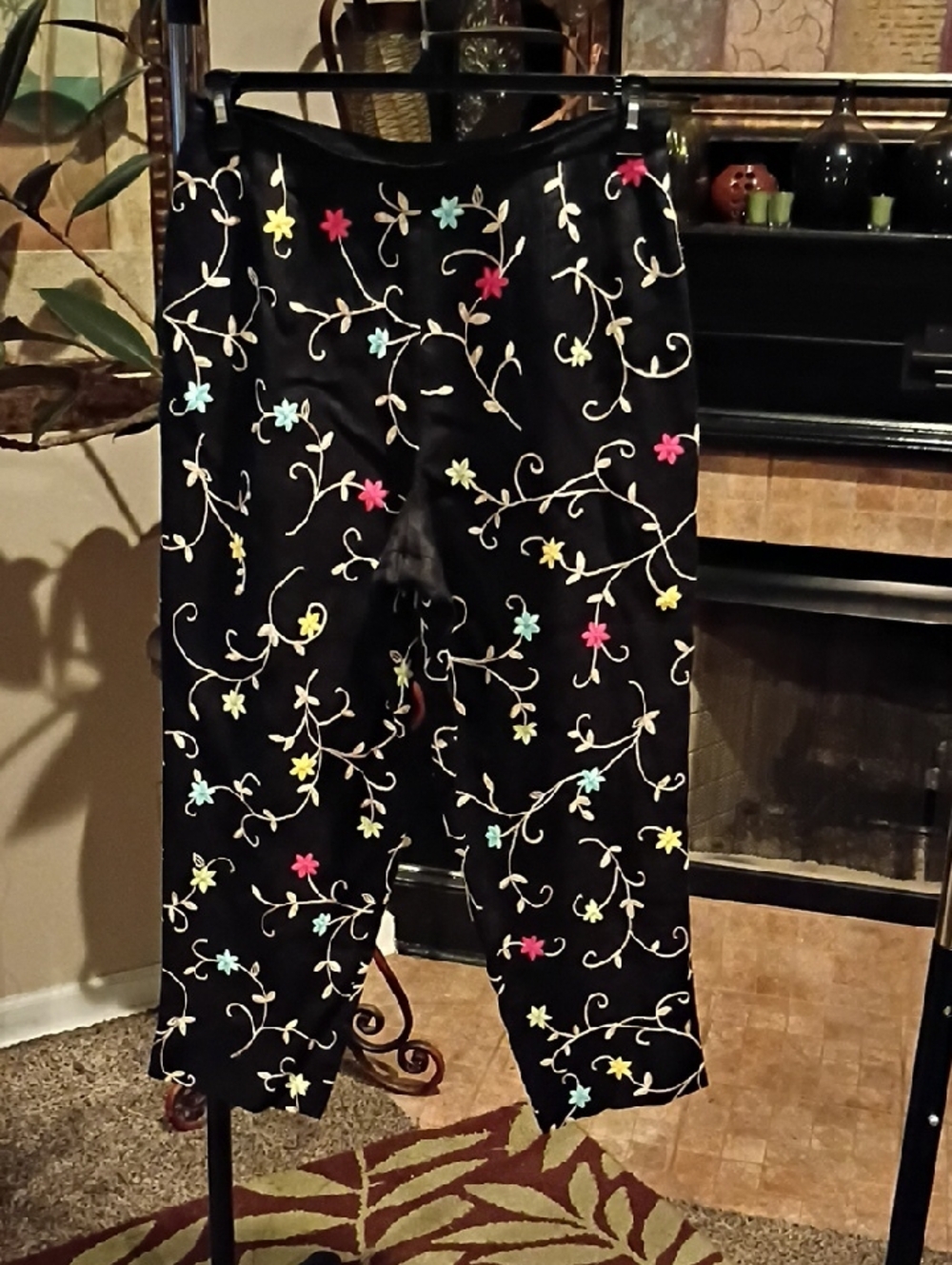FINAL PRICE Talbots Irish Linen Black Pants with Multicolored Floral Embroidery - Picture 8 of 12
